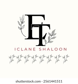 Elegan Initial ET Logo with Floral Element. Minimalist TE Monogram with Botanical Illustration. Wedding logos, hand drawn elegant, delicate and minimalist,black and white vintage logo for beauty shop.