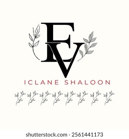 Elegan Initial EV Logo with Floral Element. Minimalist VE Monogram with Botanical Illustration. Wedding logos, hand drawn elegant, delicate and minimalist,black and white vintage logo for beauty shop.