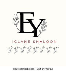 Elegan Initial EY Logo with Floral Element. Minimalist YE Monogram with Botanical Illustration. Wedding logos, hand drawn elegant, delicate and minimalist,black and white vintage logo for beauty shop.