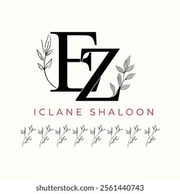 Elegan Initial EZ Logo with Floral Element. Minimalist ZE Monogram with Botanical Illustration. Wedding logos, hand drawn elegant, delicate and minimalist,black and white vintage logo for beauty shop.