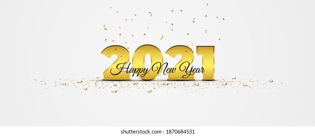 Elegance 2021 New Year banner with golden confetti on white background. Holiday vector illustration. Metallic 2021 gold numerals with crumbs strewn on the floor. Scattered confetti. - Shutterstock ID 1870684531