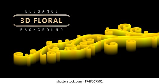 Elegance 3d floral backgrounds with gradients yellow and isolated black backgrounds, three dimensional modelling swirl concepts, applicable for website banners, flyer, invitation cards, and agency.