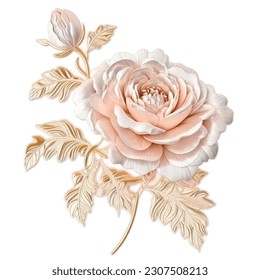 Elegance 3d roses flowers. Embroidered rose flowers, gold leaves. Embroidery floral vector background illustration. Tapestry beautiful stitch textured flowers. Stitching lines surface texture.