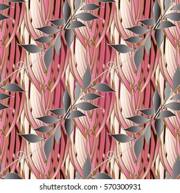 Elegance abstract 3d wicker  seamless pattern background wallpaper illustration with decorative  leaves and floral ornaments. Luxury hand drawn  vector fabric texture.