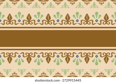 Elegancia folclore antiguo y patrón de borde sin fisuras de ornamento de desplazamiento. Diseño oriental con marrón verde azul sobre fondo beige. Tono de tierra de lujo creativo para la decoración, seda tailandesa, artesanía, encaje