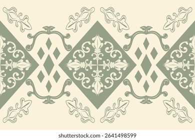 Elegance Antique Filigree Baroque Botany Artwork Scroll Ornament Geometric Design with Olive Element on Beige Background. Luxury Medieval Mythology Florals for Embroidery Curtain Mattress Apparel Lace