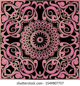 Elegance arabesque colorful vector seamless pattern. Ornamental beautiful background. Floral arabic style pink ornament. Vintage ethnic style flowers, leaves, dots, frame, circles. Round mandala.