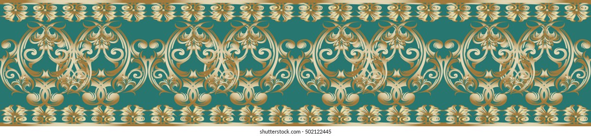 Elegance  baroque damask floral vector seamless border. Luxury pattern wallpaper illustration with vintage antique decorative medieval 3d baroque flowers leaves frames and ornaments.