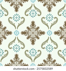 Elegance Baroque Rococo Vibe Exotic Light Color Theme Brown Khaki Green Florals Scroll Ornament on Pale Blue Background Seamless Pattern. Luxury Neatly Arranged Design for Classy Haute Couture Fashion