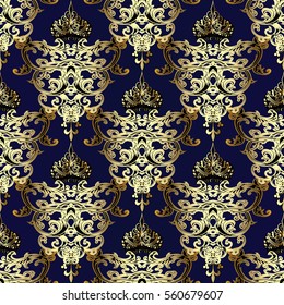 Elegance Baroque seamless pattern wallpaper illustration with vintage gold 3d royal crown and antique medieval damask ornaments. Elegant vector endless surface fabric texture.Blue royal  background.