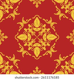 Elegance Baroque Style with Royal Gold Filigree Repeat Seamless Pattern on Red Background. Delicate Exquisite Elaborate Motif Florals Scroll Ornament for Luxury Decoration Wallpaper Textiles Texture