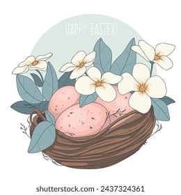 Cesta elegante con huevos y flores. Ilustración vectorial de Pascua.