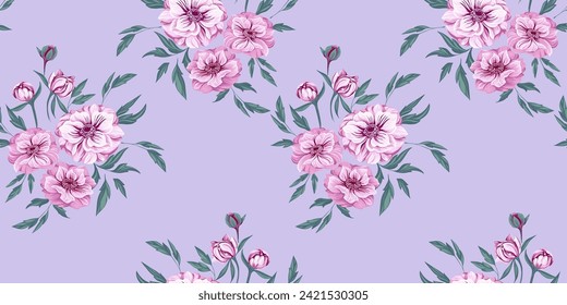 Elegancia florida, flor de flores y hojas suavemente sin costura. Ilustración vectorial estilizada de Trolio abstracto, Ranunculus asiaticus. Pastel de flores artísticas púrpuras sobre fondo violeta