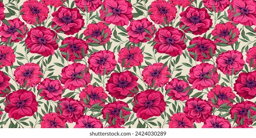 La elegancia florece flores y las hojas gentilmente diminutas son un patrón sin fisuras. Fondo floral artístico abstracto de color rojo brillante. Dibujo vectorial estilizado Trollius, Ranunculus Asiaticus. 