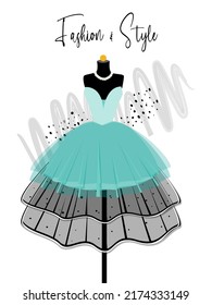 A elegance blue dress with fancy decor on mannequin. fashion illustration.