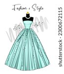 A elegance blue dress on mannequin. Dress for party and special event. fashion and style illustration. Vector of ball gown on mannequin. Illustration on white background.
