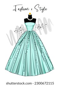 Ein elegantes blaues Kleid auf Mannequin. Kleid für Feier und besondere Veranstaltung. Mode und Stilgrafik. Vektorgrafik des Balles auf Mannequin. Illustration auf weißem Hintergrund.