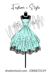 Ein elegantes blaues Kleid auf Mannequin. Kleid für Feier und besondere Veranstaltung. Mode und Stilgrafik. Vektorgrafik des Balles auf Mannequin. Illustration auf weißem Hintergrund.