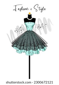 Un elegante vestido azul en el maniquí. Vestido para fiesta y evento especial. ilustración de moda y estilo. Vector de pelota en maniquí. Ilustración sobre fondo blanco.