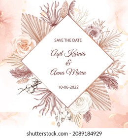 Elegance Boho Style white Rose Flower Background, wedding invitation with boho floral dry