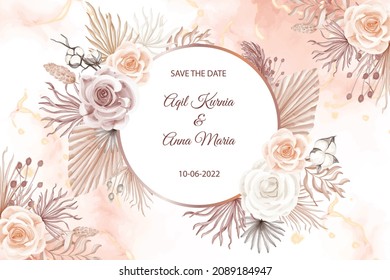 Elegance Boho Style white Rose Flower Background, wedding invitation with boho floral dry