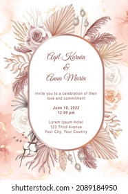 Elegance Boho Style white Rose Flower Background, wedding invitation with boho floral dry