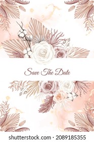 Elegance Boho Style white Rose Flower Background, wedding invitation with boho floral dry
