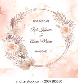 Elegancia Estilo Boho Flor rosa blanca Fondo, invitación a la boda con aburrido seco floral