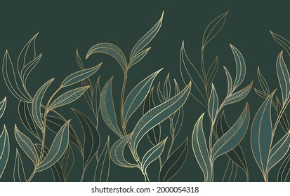 Elegance botanican tropical golden line art pattern with leaves Floral abstract gold and nature green leaf background vector.