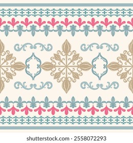 Elegance Brightly Colorful Moroccan Style Pattern. Luxury Pale Scroll Ornament Border Seamless Vector. Classy Desert Illustration Design for Carpet Fabric Apparel Interior Decoration Scarf Texture Rug