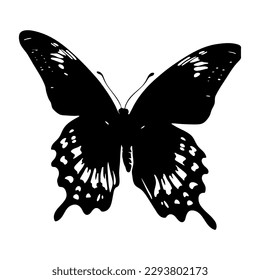 Elegance butterfly on a white background. Decorative element. Black silhouette, cartoon style. Vector illustration for beauty salons, posters, and social media.