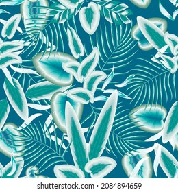 la elegancia de las hojas de la calla es un patrón sin fisuras con la palma tropical azul cielo y el follaje en fondo pastel. diseño vectorial. huella de la jungla. textura de impresión de moda. fondo de pantalla natural. Tropos exóticos. Verano 