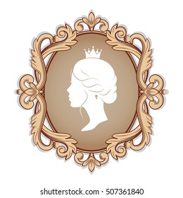 Elegance cameo with profile silhouette of a princess in a frame. Isolated on white background. Vector illustrations.