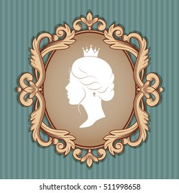 Elegance Cameo With Profile Silhouette Of A Princess In A Frame. Isolated On Linear Blue Background. Vector Illustrations.