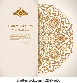 elegance card with half round lace ornament, mandala, for greeting, invitation card, or cover. Vector illustration