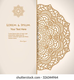 elegance card with half round lace ornament, mandala, for greeting, invitation card, or cover. Vector illustration
