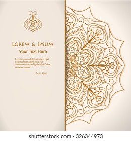 elegance card with half round lace ornament, mandala, for greeting, invitation card, or cover. Vector illustration