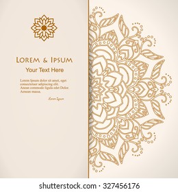 elegance card with half round lace ornament, mandala, for greeting, invitation card, or cover. Vector illustration