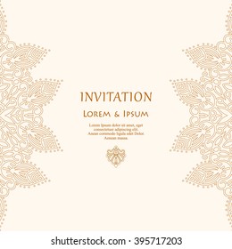 elegance card with half round lace ornament, mandala, for greeting, invitation card, or cover. Vector illustration