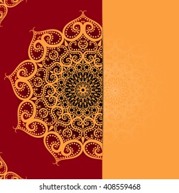 elegance card with half round lace ornament over blurry background, mandala, for greeting, invitation card, or cover. Vector illustration
