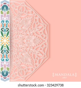 elegance card with hand drawn round lace ornament, mandala, zentangle, for greeting, invitation card or cover, vector illustration.