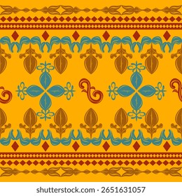 Elegância Classy Kain Tenun Lombok Motif Design Sem Costura Padrão. Elaborar belo barroco abstrato flores botões videira marrom azul vermelho no fundo amarelo para artesanato tecidos moda Boho