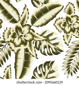 elegance color abstract tropical jasmine flowers seamless pattern with monstera fern leaves and banana plants foliage. vector design. fashionable print texture. Floral background. Exotic Summer design