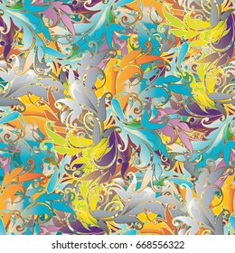 Elegance colorful floral seamless pattern. Paisley background wallpaper illustration with vintage multicolor  flowers, swirl leaves and bright oriental paisley ornaments. Vector ornamental texture