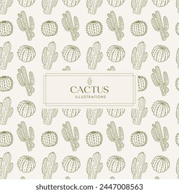 Elegance cream Hand drawn mono-line floral botanical cactus background design