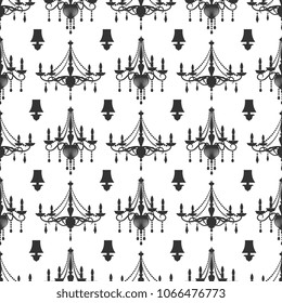 Elegance crystal chandeliers seamless pattern background design black white. Vector illustration