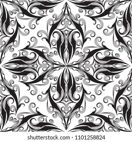Elegance damask seamless pattern. Vector black and white monochrome decorative background. Vintage hand drawn line art tracery antique ornaments. Floral patterned ornate design. For fabric, printing