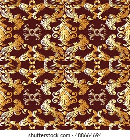 Elegance dark red baroque damask floral vector seamless pattern background wallpaper illustration with vintage yellow  3d antique decorative medieval flowers and ornaments.Baroque ornament. Damask