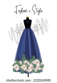 Ein elegantes Kleid auf Mannequin. Kleid für Feier und besondere Veranstaltung. Mode und Stilgrafik. Vektorgrafik des Balles auf Mannequin. Illustration auf weißem Hintergrund.