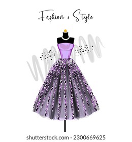 Ein elegantes Kleid auf Mannequin. Kleid für Feier und besondere Veranstaltung. Mode und Stilgrafik. Vektorgrafik des Balles auf Mannequin. Illustration auf weißem Hintergrund.